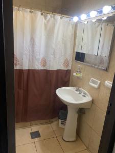 a bathroom with a sink and a shower curtain at Casa los Churumbeles in Potrerillos