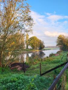 a fence next to a river with trees and a body of water at B&B Koe en Kussen in Bodegraven