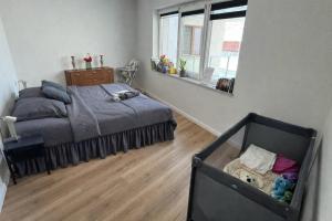 a bedroom with a bed and a mirror in a room at Apartament w Centrum z wanną z hydromasażem in Kętrzyn