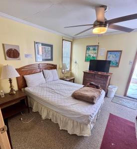 a bedroom with a bed and a flat screen tv at The Wellington Lake Cottage in Middlebury
