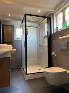 a bathroom with a shower and a toilet at B&B de Trochset in Balk +18 photos
