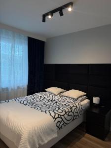 a bedroom with a bed with a black headboard at Apartament City Rent Płock in Płock +8 photos
