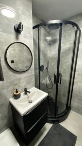 a bathroom with a sink and a shower at Warszawa Centrum Pokoje in Warsaw
