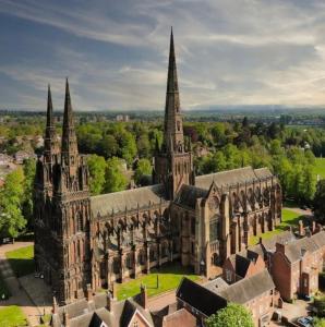 an aerial view of a large cathedral in a city at Entire Flat in Lichfield City Centre in Lichfield