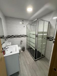 a bathroom with a shower and a sink and a toilet at Rooms Capulino in Málaga
