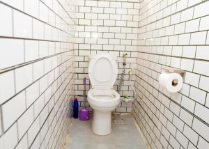 a bathroom with a toilet in a white tiled wall at Riverside Nest Owerri LTD in Owerri +17 photos