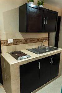 a kitchen with black cabinets and a sink at Hotel & Suites Domani in Progreso +43 photos