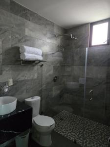 a bathroom with a shower and a toilet and a sink at Departamento Huatulco 1 Torre Bel in Santa Cruz Huatulco