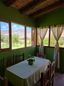 a green room with a table with a plant on it at Cabaña Terracota in Maimará