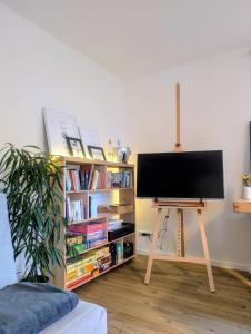 a television on a stand in a room with a book shelf at Basislager Rheinsteig in Bad Hönningen