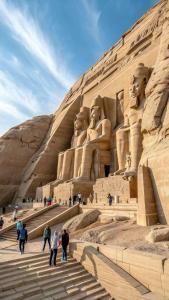 a group of people walking in front of a statue at MERIT Guest House in Aswan