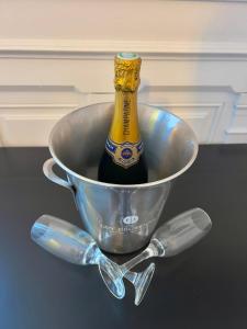 a bottle of champagne in a metal bowl at Studio Villa Agathe in Troyes