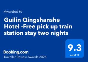 a blue sign that reads hotel free pick up train station stay two nights at Guilin Qingshanshe Hotel -Free pick up train station stay two nights in Guilin