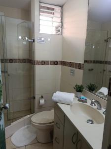 a bathroom with a toilet and a sink and a shower at Miraflores View in Lima