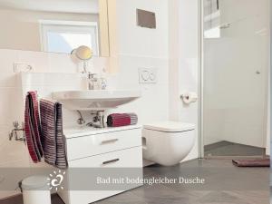 a bathroom with a sink and a toilet and a shower at Penthouse de Ool Blick auf das Wattenmeer in Neufeld