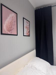 a bedroom with two pictures on the wall and a bed at Apartament Centrum in Płock