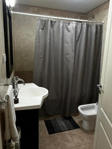 a bathroom with a shower and a sink and a toilet at Altos Patagonia in Río Gallegos +9 photos