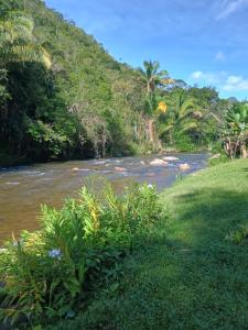 a river in the middle of a lush green field at Hospedagem do Rio in Nova Friburgo