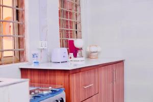 a kitchen with a counter with appliances on it at Villa de chez nous in North Legon +93 photos