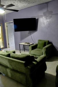 a living room with a couch and a flat screen tv at Coke Guest House in Mandeville