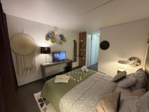 a bedroom with a large bed and a television at Studio Les Marines V - calme - vue sur le golf in Saint-François +42 photos