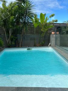 a swimming pool with blue water in a yard at Villa chandelle in Saint-Pierre