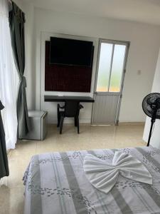 a bedroom with a bed and a flat screen tv at Hotel Luis Ángel in Mocoa