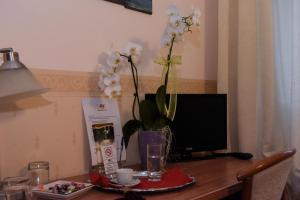 a desk with a television and a vase of flowers on it at Albergo Munsci' in Rovello Porro