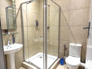 a bathroom with a shower with a toilet and a sink at Nest - The Homestead in Howick +8 photos