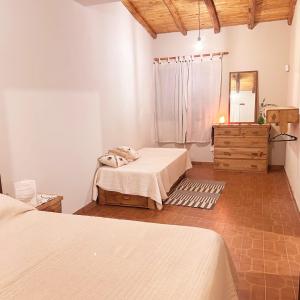 a bedroom with two beds and a dresser with a mirror at Barreal La Templanza Casa de Campo in Barreal