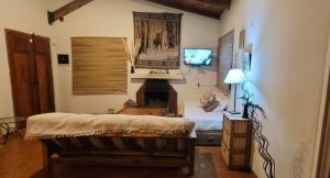 a bedroom with a bed and a fireplace at Barreal La Templanza Casa de Campo in Barreal
