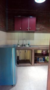 a kitchen with a sink and red cabinets at Kubu shanti 1 in Ubud