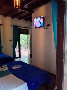 a bedroom with a bed and a tv on the wall at Ella Field Side View Rooms & Cafe in Demodera