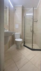a bathroom with a toilet and a shower and a sink at ESKADA Apartments in Ahtopol +21 photos