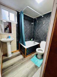 a bathroom with a toilet and a tub and a sink at Departamentos Sol del Sur in Quellón
