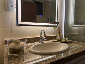 a bathroom counter with a sink and a mirror at Encantos no Porto da Barra in Salvador +17 photos