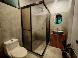 a bathroom with a shower and a toilet and a sink at Mystic Solarium Private Indoor Pool in Chachagua +8 photos