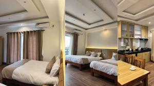 two images of a hotel room with two beds at The Staycation Pokhara in Pokhara