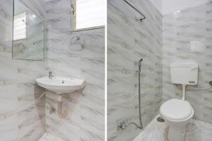 two pictures of a bathroom with a toilet and sink at Hotel O Grand Embassy in Mānglia