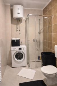 a bathroom with a washing machine and a shower at Muki Oaza Apartman in Tuzla