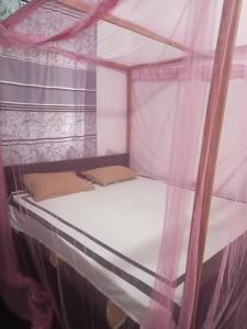 a bed in a room with a canopy at Ceylon Bay in Arugam Bay