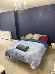 a bedroom with a bed with a blue wall at North Birmingham in Holly Lane +3 photos