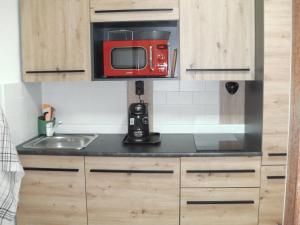 a kitchen with a sink and a red microwave at Kemnater Hof Apartments SELF-CHECK-IN in Ostfildern