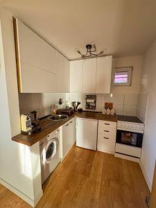 a kitchen with white cabinets and a washer and dryer at Vila Xenos Loft Karakter Zlatibor in Zlatibor