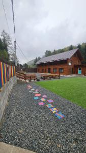 a group of umbrellas lined up on the ground in front of a building at Cămăruța din Apuseni in Valea Ierii