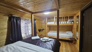 a bedroom with two bunk beds in a wooden cabin at Cămăruța din Apuseni in Valea Ierii +14 photos