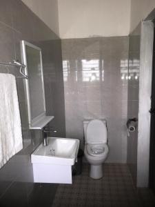 a bathroom with a white toilet and a sink at Alberjah Hotel in Atimpoko