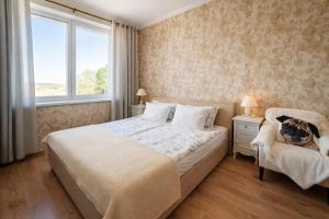 a bedroom with a bed and a dog sitting on a chair at Family Hotel Daugavpils in Daugavpils