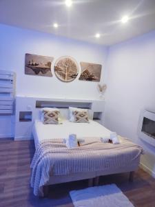 a bedroom with a bed and two paintings on the wall at Le Temple du SPA in Vienne