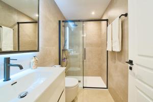 a bathroom with a shower and a sink and a toilet at Malagueta Loft & Sea in Málaga +23 photos